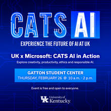 A blue promotional graphic with the headline “CATS AI” and the subtitle “Experience the Future of AI at UK.”