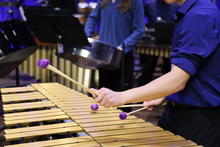 Close-up of hands playing a mallet percussion instrument during a group performance.