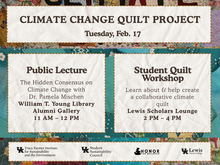 A flyer advertising the Climate Change Quilt Project with details for a lecture and student workshop.