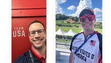 Side-by-side photos of a smiling man: left, wearing glasses in front of a red Team USA wall; right, wearing a USA Athletics jersey and red sunglasses at an outdoor track venue.