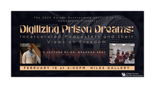 Promotional graphic for a lecture titled ‘Digitizing Prison Dreams’ featuring a microphone and event details.