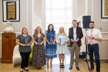 Six teachers were honored with the Earle C. Clements Award. From left, Jennifer Brown, Stevie Lemons, Caron Cron, Sharessa Bently-Crovo, Clay Rouse, and Jason Ross. Photo by UK Libraries.