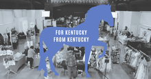 Overhead view of an indoor market or vendor fair with booths displaying clothing, crafts and products while people browse and shop. A large blue silhouette of a horse is overlaid in the center with the words “FOR KENTUCKY FROM KENTUCKY.”