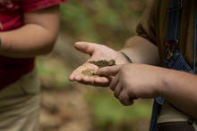 Close-up of a person outdoors holding a small amount of soil and mud in an open palm while pointing to it with the other hand. Another person stands nearby in the blurred background.