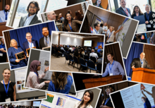 Collage of photos from a research symposium showing presenters at poster sessions, speakers at podiums, award recipients, attendees in a lecture hall, and researchers networking and discussing projects throughout the conference.