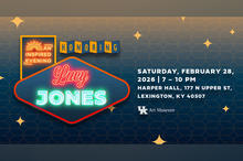 Event graphic with neon-style sign reading ‘An Inspired Evening Honoring Lucy Jones,’ with event details for February 28, 2026 at Harper Hall.
