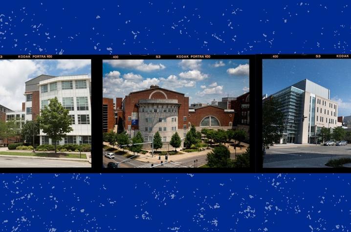 Roselle Hall (left) on north campus, the Wethington Allied Health Building (middle) on the medical campus and the Lee T. Todd, Jr. Building housing the College of Pharmacy (right), all continue the legacies of past UK presidents.