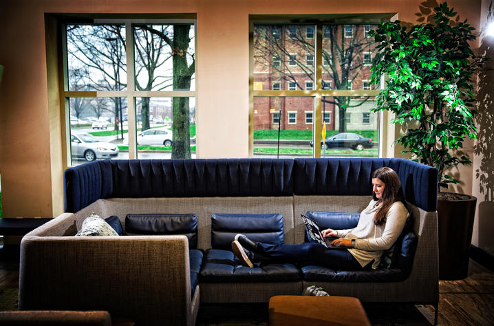 Photo of girl with laptop studying on couch