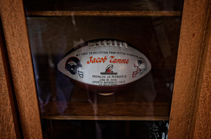 This is a photo of a game ball from Jacob Tamme's time with the Denver Broncos.