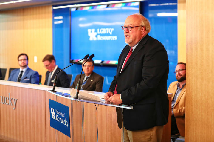 This is a photo of UK alumnus Jim Dinkle at the dedication of the Dinkle-Mas Suite for LGBTQ* Resources