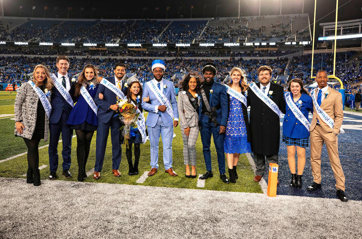 Photo of the 2018 UK Homecoming court on Kroger Field including Tiana Thé, Homecoming queen, and Juwan Page, Homecoming king. 