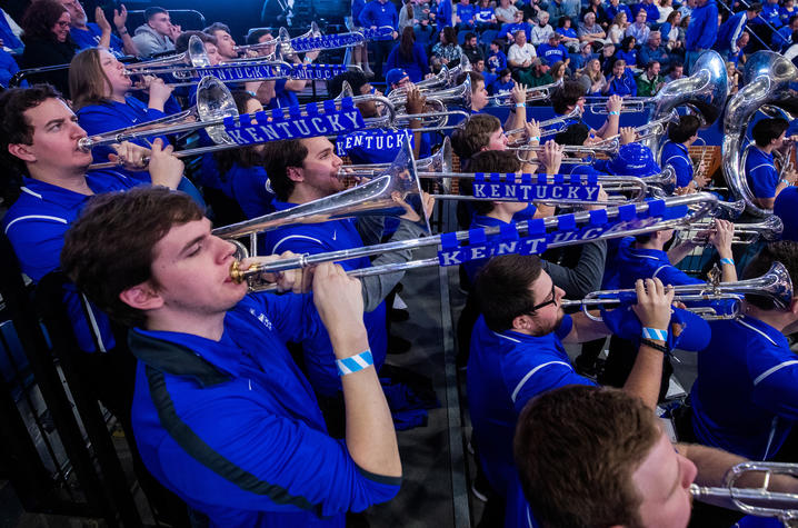photo of trombone players with tiles spelling Kentucky on slides at Rupp 