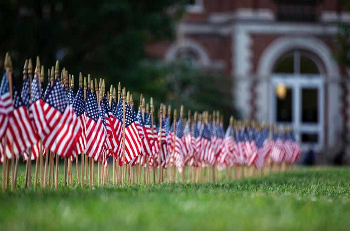 photo of 9/11 memorial flags in front of UK Main Building