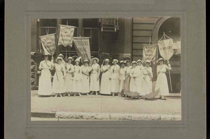 A photo from Laura Clay's papers shows suffragists marching for the Madison, Fayette and Franklin Kentucky Equal Rights Association at Democratic National Convention in St. Louis in 1916. Photo courtesy of ExploreUK.