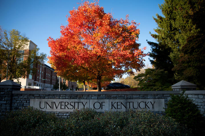 Tree with fall leaves behind 'University of Kentucky' stone wall