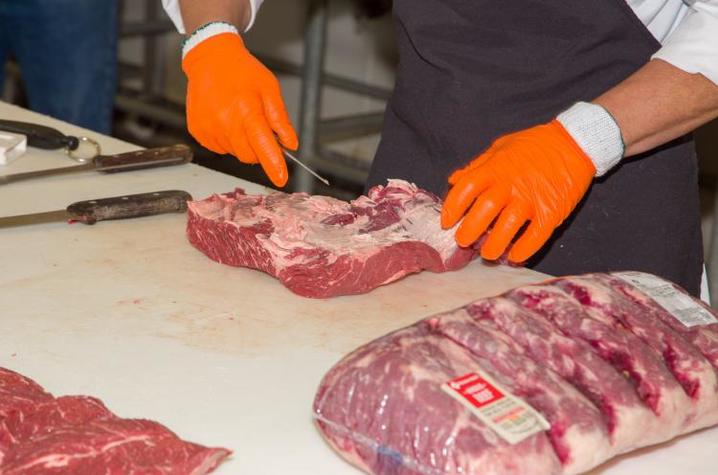 Rentfrow cutting meat wearing orange gloves