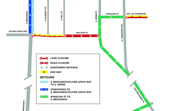Map showing Bolivar Street closure and detour