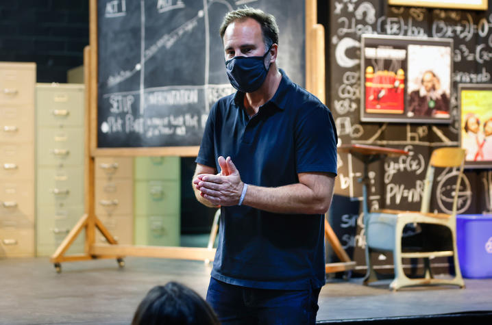 photo of Peter Allen Stone directing "The Thanksgiving Play" rehearsal