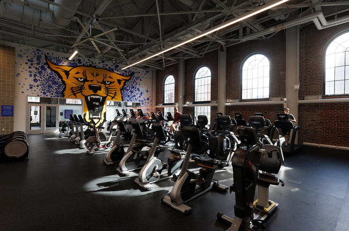 photo of Alumni Gym equipment with wildcat mural behind it