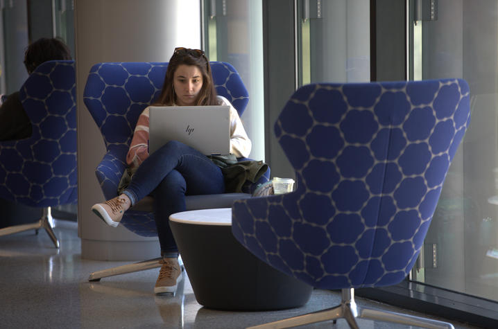 Girl sitting, using her laptop. 