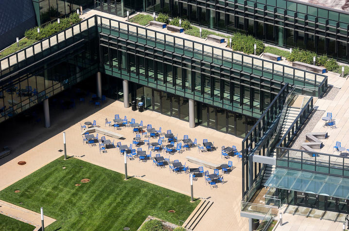 an aerial view of the courtyard at the student center