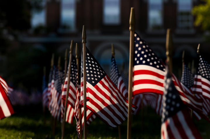photo of American flags Rows of small American flags displayed outdoors on a lawn, with a larger American flag visible in the background and a brick building softly out of focus behind them.