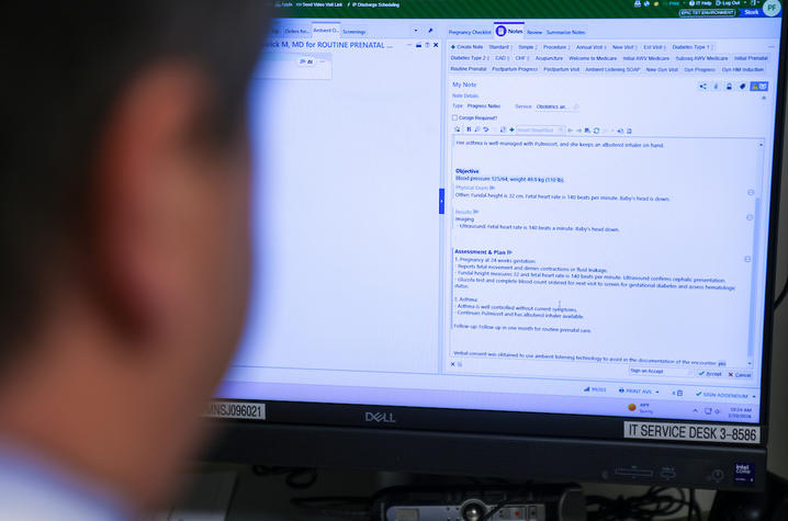 A computer screen with text and an out-of-focus individual looking at it. 
