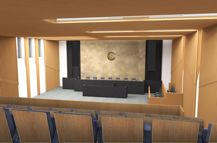 Rendering of moot courtroom in the new UK College of Law Building
