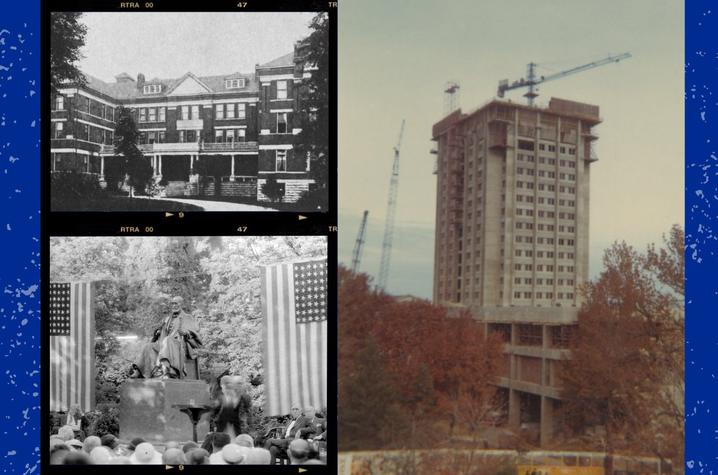 a photo of Patterson hall top left, a photo of Patterson’s statue dedication in 1934 in the bottom left, and Patterson Office Tower under construction in 1968.