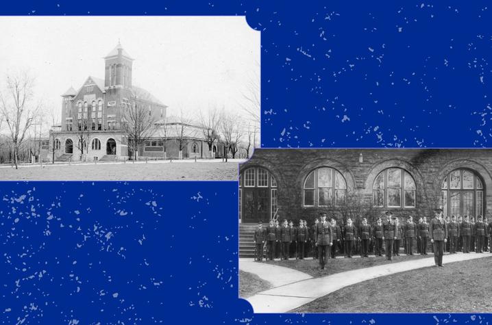 Barker Hall on the left and a military unit at attention in front of Barker Hall in 1928