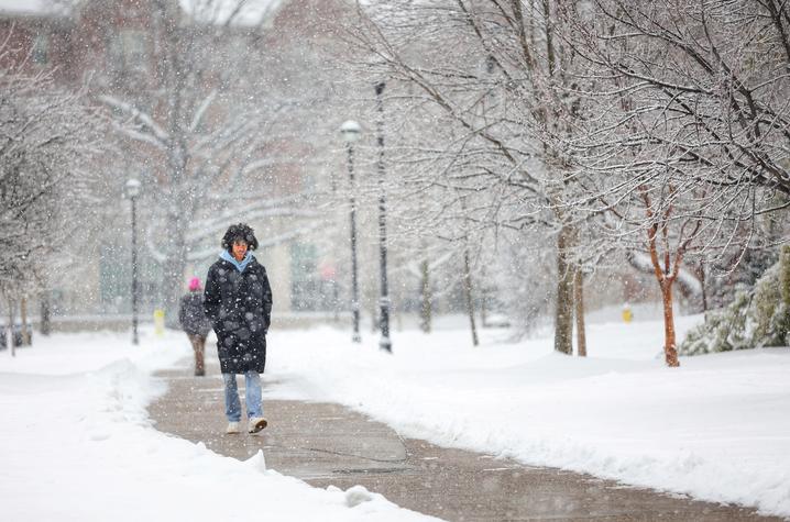 A photo of a student walking on a clear sidewalk of the University of Kentucky's campus when it is snowing