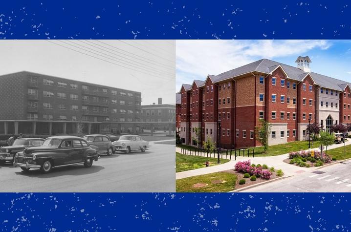 The original Donovan Hall on UK’s campus (left) was dedicated in 1955. While torn down, UK dedicated a new residence hall in honor of Donovan in 2016 (right).