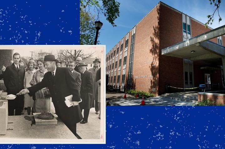 Before serving as president, Dickey was dean of the College of Education. He's pictured (left) putting mortar on the cornerstone of Dickey Hall in 1956. The college still uses that building today (right). 