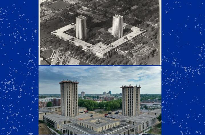 For more than 50 years, the Kirwan-Blanding complex was an iconic part of UK's south campus. It was dedicated to President Albert Kirwan in 1968 (top). The complex was torn down in 2020 (bottom)