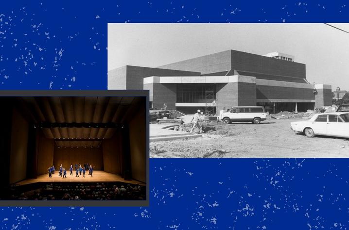 The arts continue to flourish on UK’s campus inside the Otis A. Singletary Center for the Arts (left). It was dedicated to President Singletary in 1987 (right) and is a major cultural resource to the state.