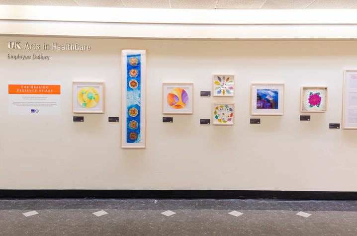 image of two-dimensional artwork in employee gallery in hospital lobby.