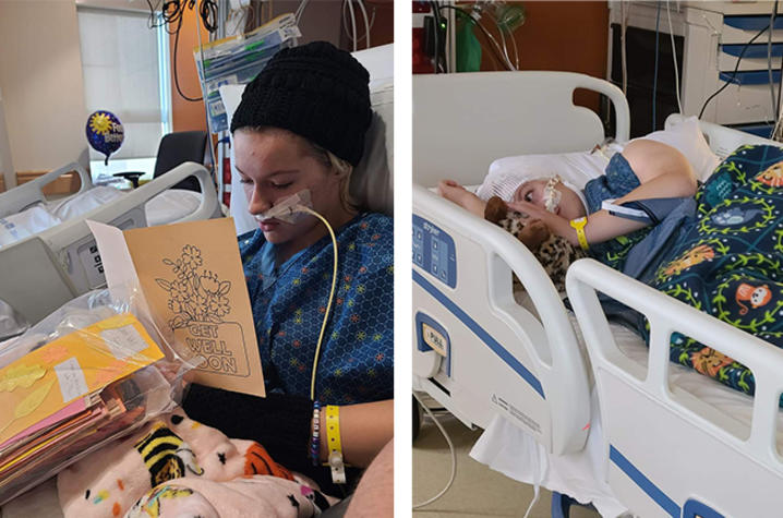 two images showing Annastasia in her hospital room