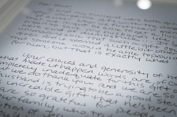 Close up of letter expressing gratitude to a kidney donor.