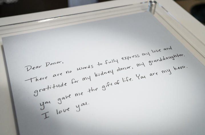 Close up of letter expressing gratitude to a kidney donor.