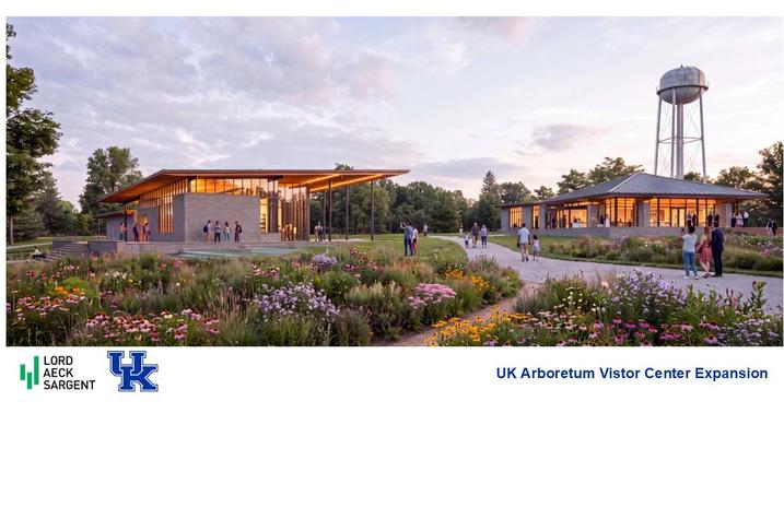 Architectural rendering of the UK Arboretum Visitor Center expansion at dusk, featuring two modern, warmly lit buildings connected by pathways and surrounded by colorful native-style gardens. Visitors walk and gather throughout the landscaped grounds