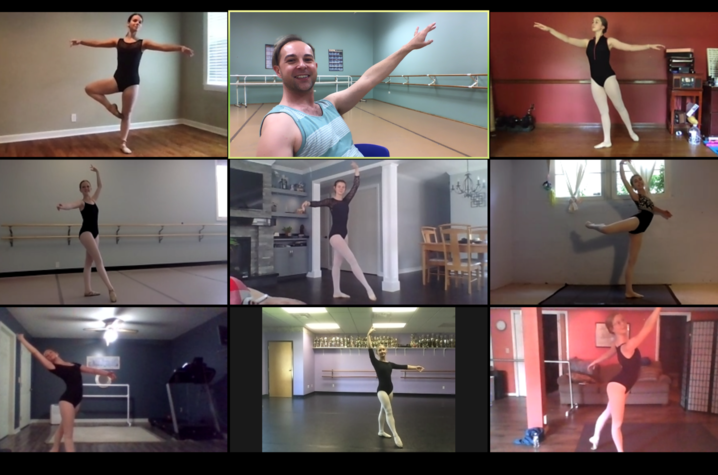photo of 9 screens of GSA students studying ballet online at home