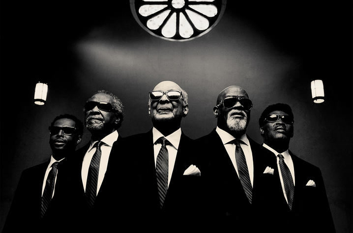 black and white photo of the 5 members of Blind Boys of Alabama