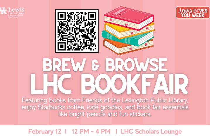 Pink flyer for the LHC Brew & Browse Bookfair with a QR code and a stack of books.