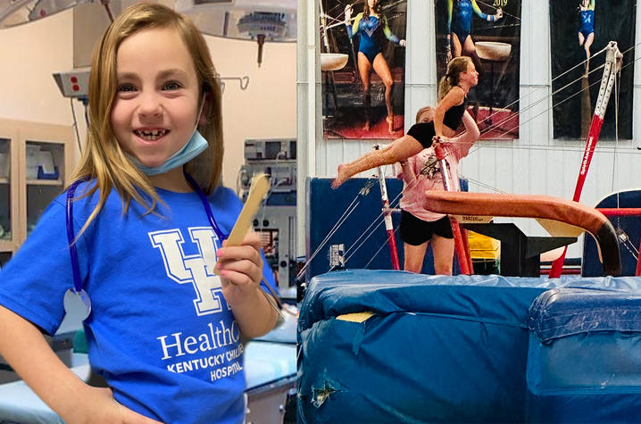 on left, Caroline smiling to the camera. On right, Caroline at gymnastics on the uneven bars.