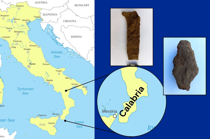 Map of Italy with callout to Calabria and photos of two weapons fragments