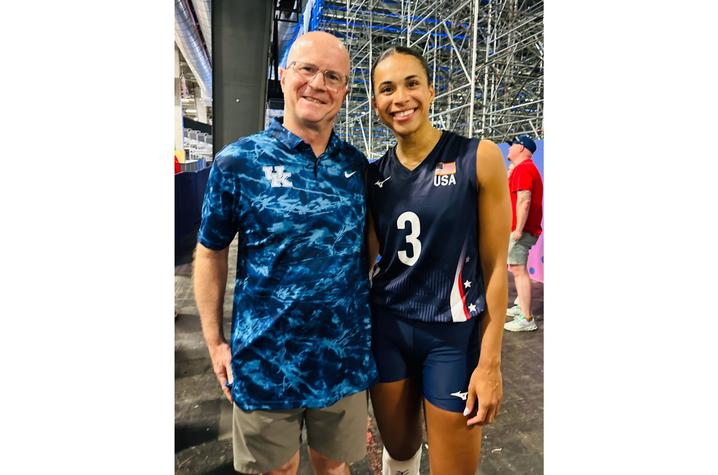 Kentucky Volleyball Head Coach Craig Skinner traveled to the Paris Olympics to support former UK volleyball player Avery Skinner. Photo provided by Katy Poole. 