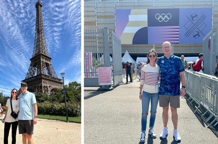 Coach Skinner and Katy Poole are grateful to represent the University of Kentucky at cheering on USA Women's Volleyball at the Paris Olympics. Photo provided by Katy Poole.