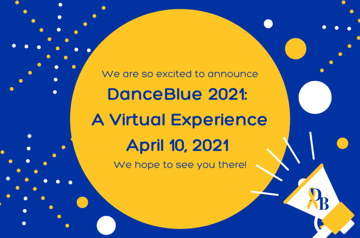 DanceBlue virtual flyer with blue, yellow and white lettering and shapes
