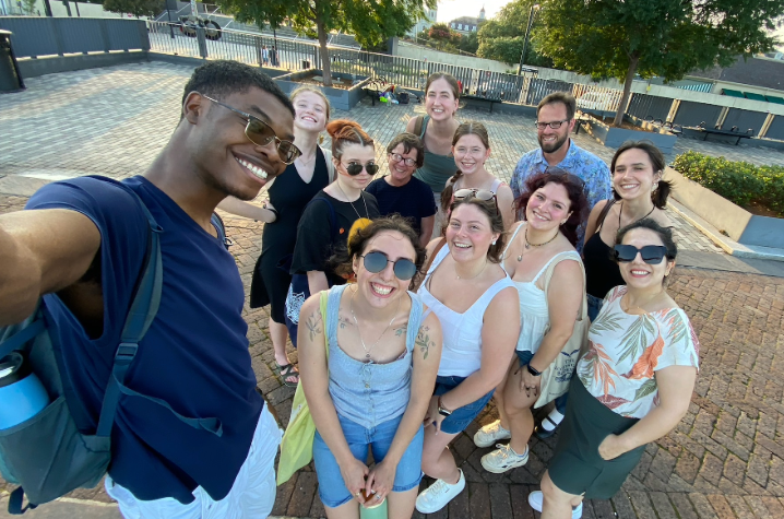 Students and faculty from the College of Design and Department of Landscape Architecture pose for a group photo beside the Mississippi River in New Orleans. Photo provided.
