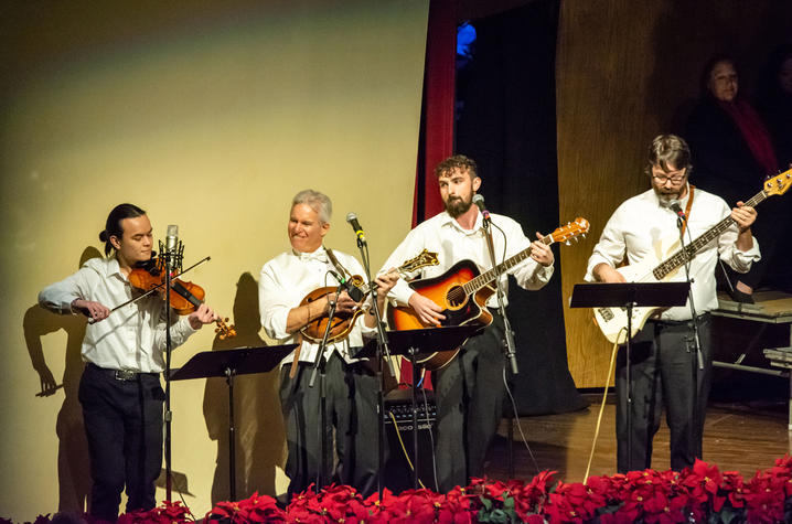 Four musicians playing bluegrass music